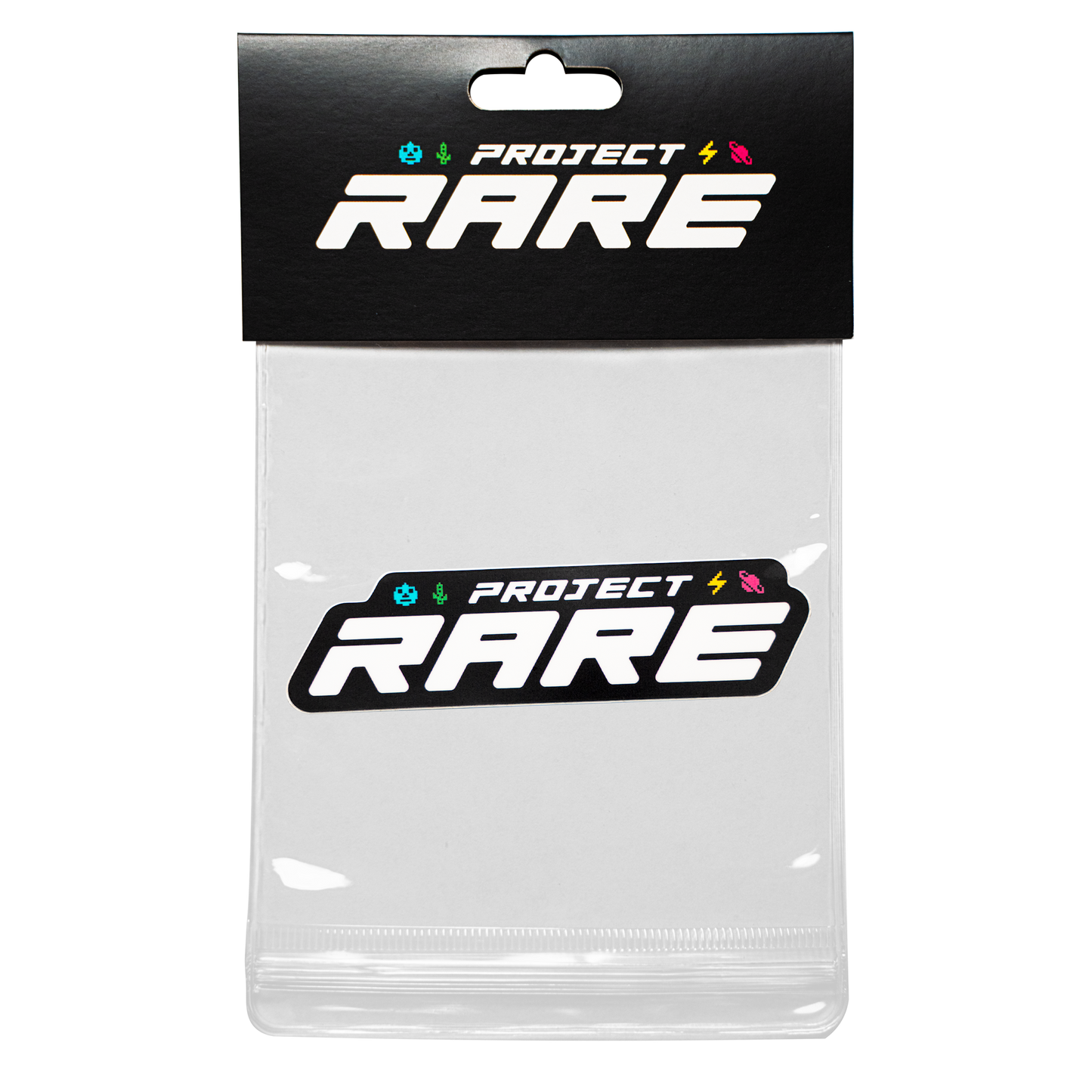 Clear sticker bag packaging with 'Project Rare' logo on a white background
