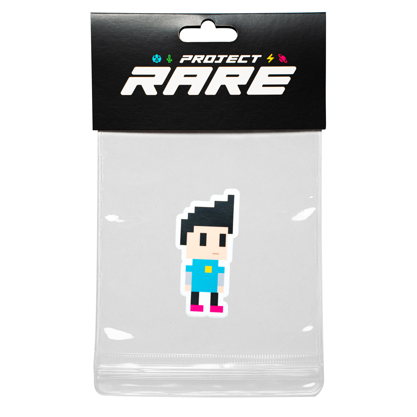 Pixel character sticker in clear packaging with 'Project Rare' branding on a white background
