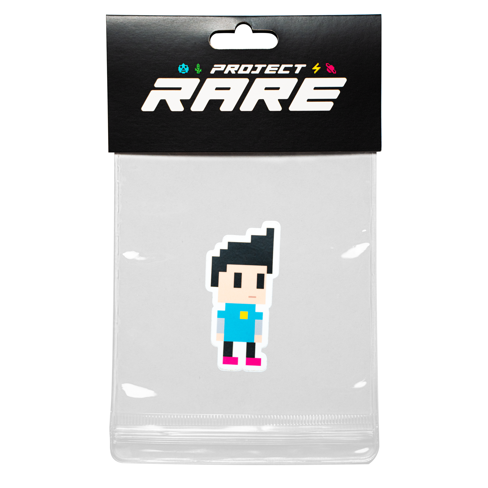 Pixel character sticker in clear packaging with 'Project Rare' branding on a white background