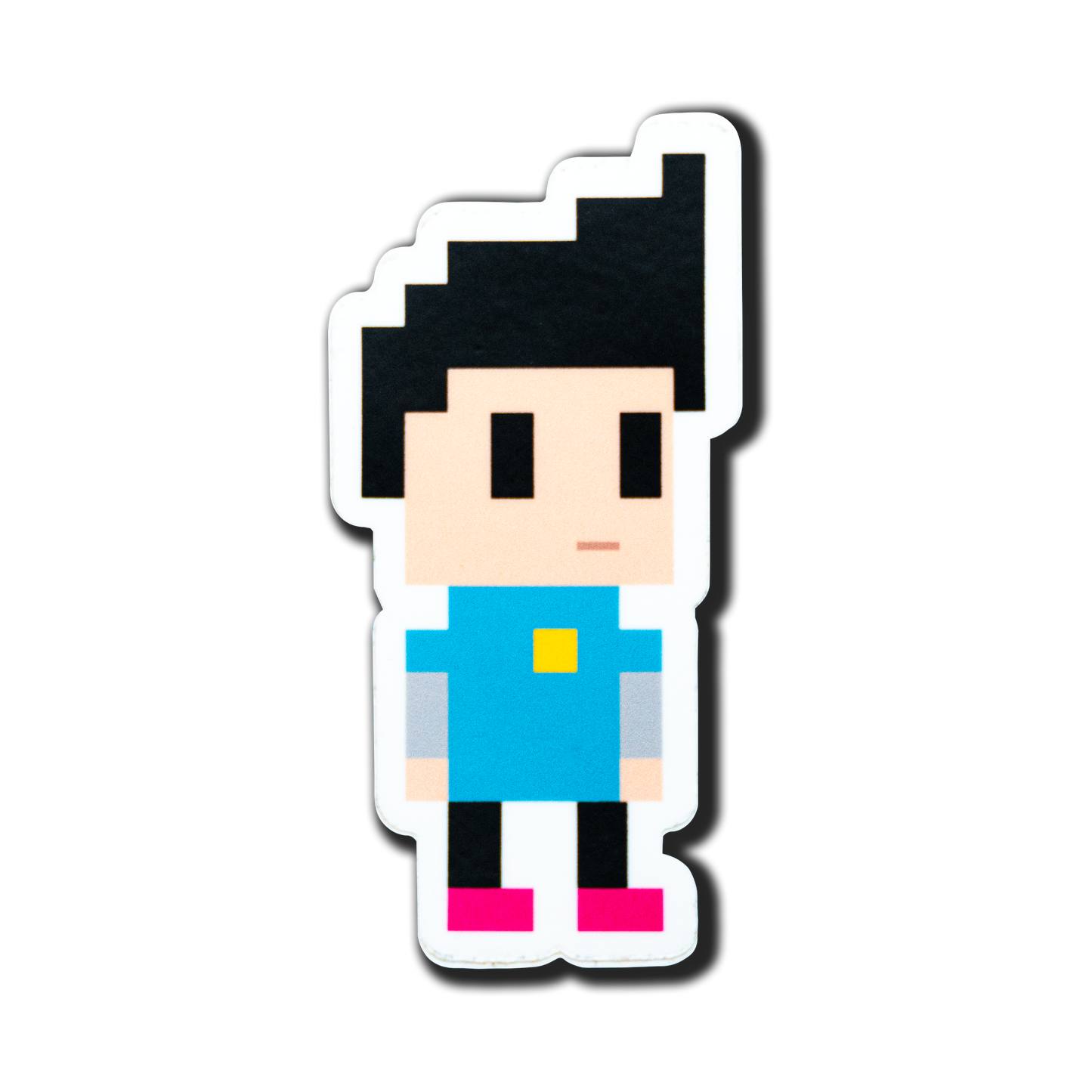 Pixel video game character sticker with black hair, blue shirt, and pink shoes on a white background, by Project Rare