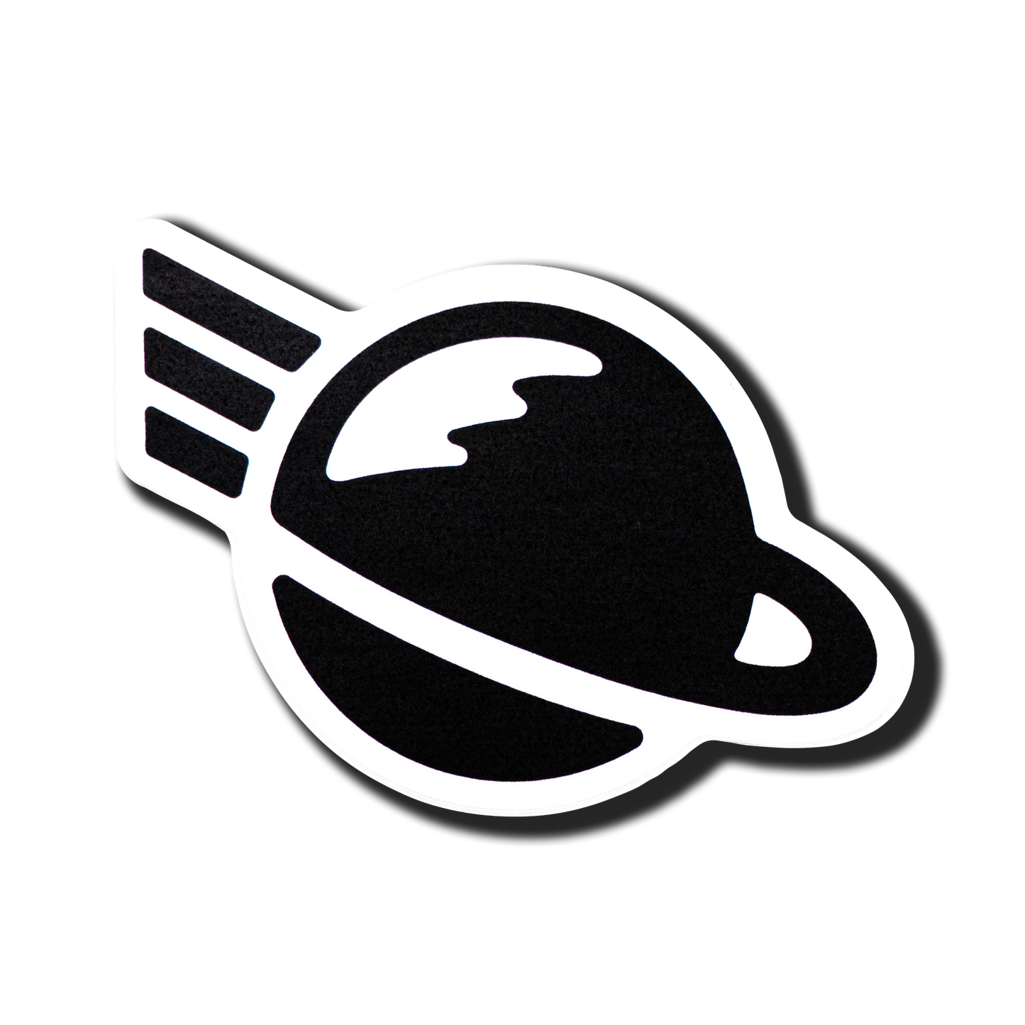 Black and white sticker icon of a planet with a lightning bolt on a white background by Project Rare