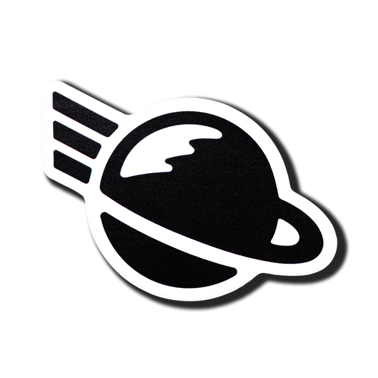 Black and white sticker icon of a planet with a lightning bolt on a white background by Project Rare